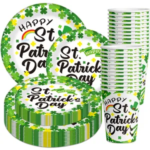 Set di Stoviglie Usa e Getta San Patrizio Piatti di Carta a Trifoglio Verde Bicchieri Coltelli Forchette Cucchiai in Plastica