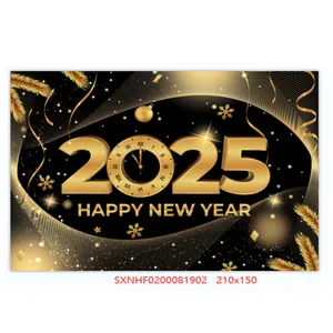 Detailed 210x150cm black and gold 2025 New Year backdrop with 3D clock and glitter motifs
