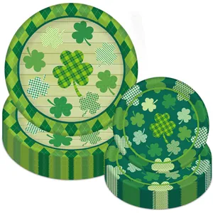 St. Patrick's Day shamrock paper plates set with green clover patterns and checkered borders