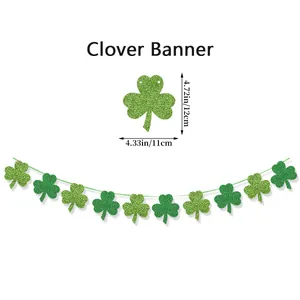 Detail van glitter klaver banner met afmetingen voor Sint-Patrick's Day feestversiering