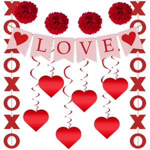 Valentine's Day decoration set with red LOVE banner, honeycomb balls and heart swirls