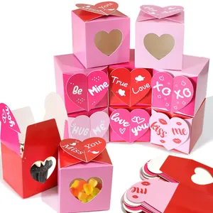 Valentine Heart Paper Candy Gift Boxes With Window Romantic Love Heart Fold Lid For Wedding Party Treats Packaging
