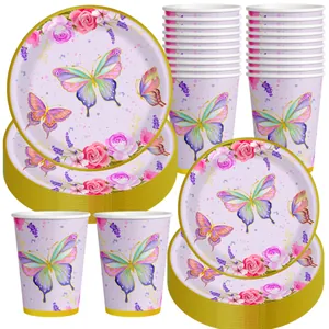 Vaisselle jetable pour fête avec motifs de papillons, fleurs, assiettes et gobelets