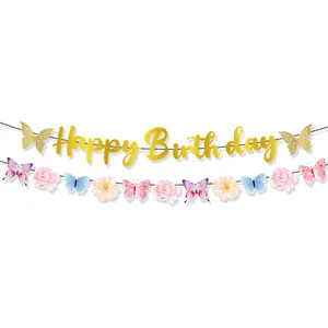 Χρυσό πανό Happy Birthday με πεταλούδες και λουλούδια για διακόσμηση γενεθλίων