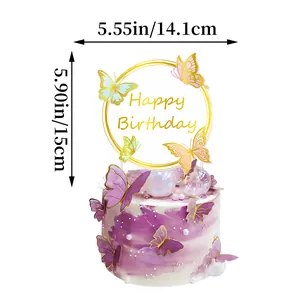 Gold Happy Birthday butterfly cake topper decoration for themed parties, 5.5 inch width