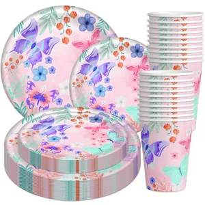 Vaisselle de fête papillon avec assiettes et gobelets en papier fleuris pour anniversaire