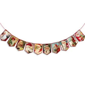 Détail d'une banderole de Noël vintage avec illustrations de Père Noël sur fond blanc