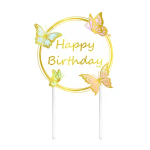 Elegant gold butterfly cake topper with Happy Birthday text for party decorations