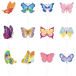 Set of 12 vibrant butterfly cake toppers in various colors with white mounting sticks