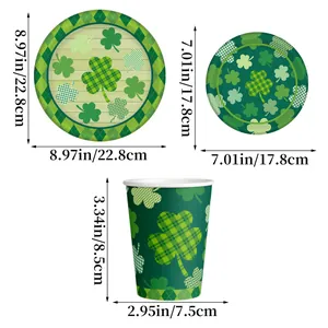 St. Patrick's Day tableware set with clover patterns including paper plates and cups