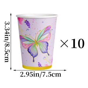 Vue détaillée des gobelets en papier papillon lavande avec dimensions 8,5cm