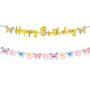 Bannière Anniversaire Papillon Ensemble Guirlande Fleur Or Happy Birthday Lettre Bannière Décoration Fête Printemps