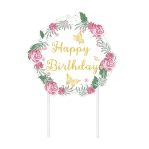 Floral wreath happy birthday cake topper with pink roses and gold glitter butterflies