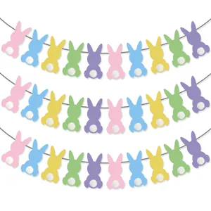 Easter Macaron Bunny Banner Garland With Pom Poms Colorful Rabbit Paper Bunting For Party Home Decoration Supplies Gift