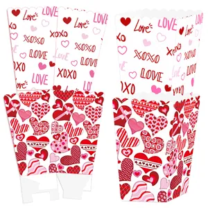 Flat lay and 3D view of Valentines popcorn boxes with red hearts and Love patterns