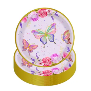 Lot d'assiettes jetables avec papillon et fleurs pour décoration de fête d'anniversaire