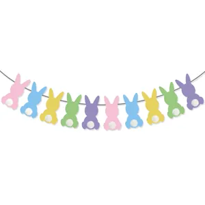 Easter bunny banner with colorful macaron cutouts and white pom-poms on a white background
