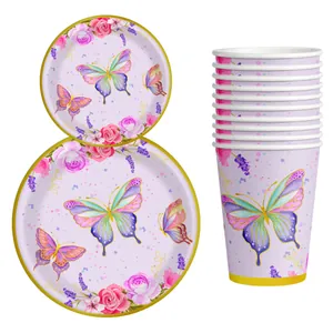 Ensemble de vaisselle de fête papillon avec assiettes et gobelets aux motifs de lavande