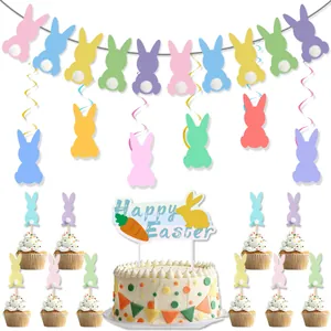Happy Easter Macaron Bunny Banner Cake Topper Spiral Hanging Decorations With Pom Poms Kids Party Celebration Ornament