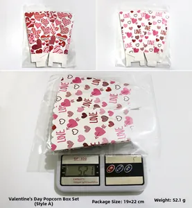 Flat-packed Valentine's heart popcorn boxes measured 19x22cm showing weight of 52.1g