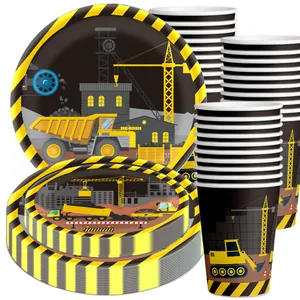 Construction party supply set with excavator paper plates and cups for birthday themes