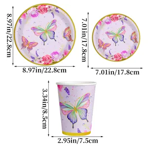 Ensemble d'assiettes et gobelets en papier avec papillon violet pour décoration