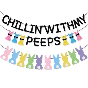 Easter banner featuring Chillin' With My Peeps text and colorful bunnies with pom-poms