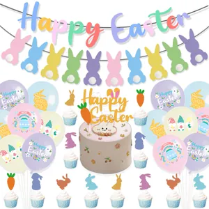 Easter party decoration set with bunny banner, macarons balloons and cupcake toppers