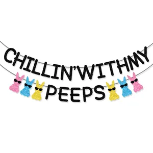 Close-up of glittery Chillin With My Peeps Easter banner with colorful bunnies