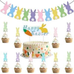 Easter party decoration set with pastel bunny banner and Happy Easter cake toppers