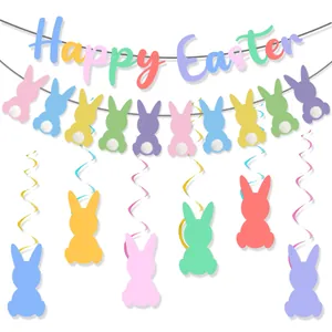 Detail showing pastel Happy Easter banner with colorful bunny bunting and fluffy pom-poms