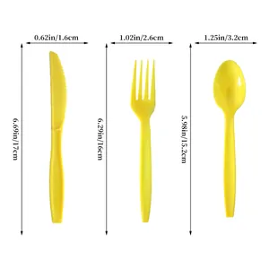 Detailed size specifications for yellow excavator-themed plastic cutlery set for kids