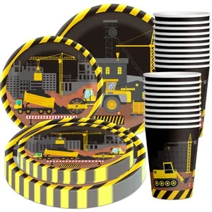 Construction Party Tableware Disposable Paper Plates Cups Yellow Black Cutlery Excavator Theme Kids Birthday Decorations