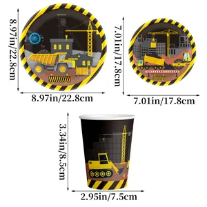 Construction excavator party supplies kit with disposable paper plates and cups for kids
