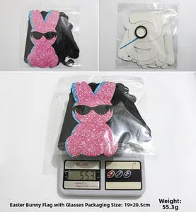 Easter banner detail showing glittery bunny cutouts with packaging size and weight