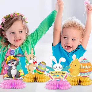 4-piece Easter honeycomb centerpiece set with bunny, chick, and colorful eggs for party decor