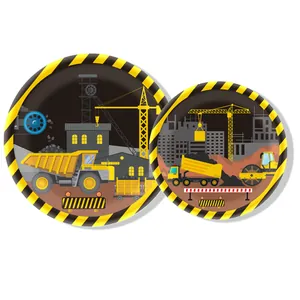 Construction site theme party plates set featuring dump truck and crane illustrations
