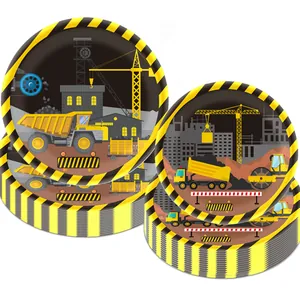 Construction party paper plates set with excavators and cranes for kids birthday dinner