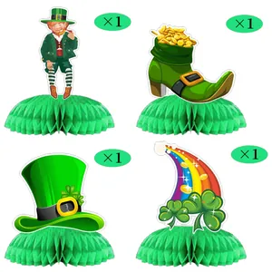 St. Patrick's Day tabletop decor set featuring lucky clover, gnomes and rainbow honeycomb centerpieces