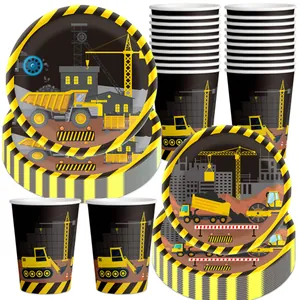 Construction party supplies set with excavator plates and cups on a white background