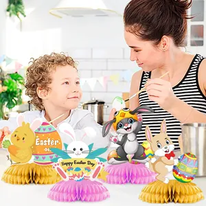Detail of 4-piece Easter honeycomb centerpieces with bunnies, chicks and festive eggs