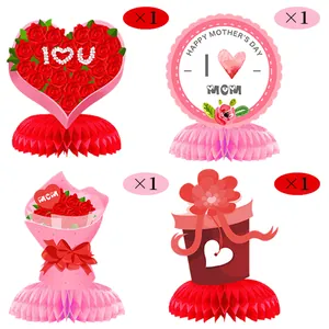 Set 4 decorazioni a nido d'ape per Festa della Mamma con cuori e fiori di carta