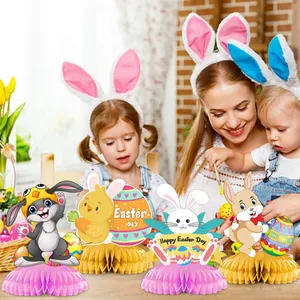 Close-up of Easter honeycomb decorations featuring cute rabbits and colorful eggs