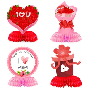 Set di 4 centrotavola per la festa della mamma con nido d'ape a cuore e motivi floreali