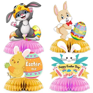 4-piece Easter honeycomb centerpiece set with cartoon rabbits and colorful eggs