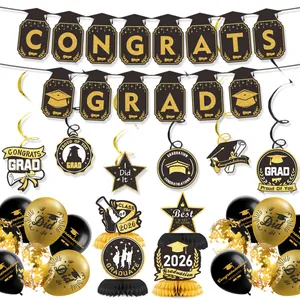 Black Gold Graduation Party Decorations Kit Congrats Grad Banner Graduation Cap Balloons Honeycomb Centerpieces Hanging Swirls For Ceremony Celebration