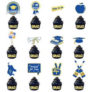 Blue and gold graduation cake topper set with 12 toppers including grad hats and diplomas