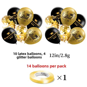 Close-up of 14pcs graduation balloons set with gold confetti and congrats latex prints