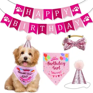 Pet Birthday Party Decorations Set Dog Birthday Bandana With Sequined Party Hat Bow Tie And Happy Birthday Banner For Cats Dogs