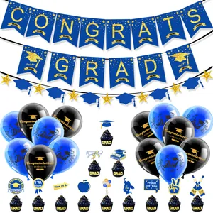 Blue and gold graduation party set with banners, printed balloons, and themed cake toppers
